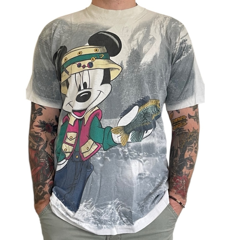 Vintage Single Stitch Mickey Mouse AOP Fish Fishing Tee Large Unisex
